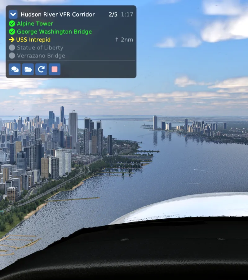 Cockpit view over a city skyline
